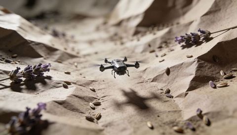 Micro quadcopter hovering over crumpled kraft paper terrain with lavender and grains