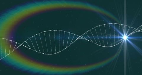 Glowing DNA Helix with Light Spark and Rainbow Reflections