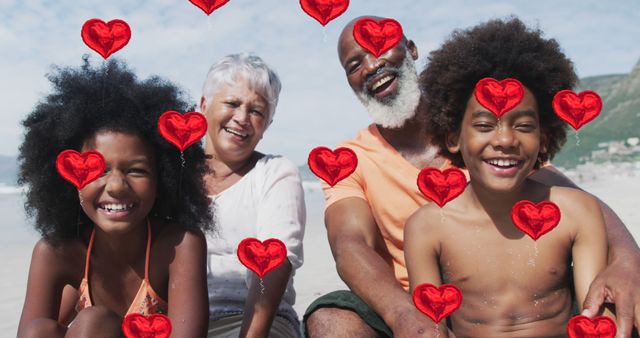 Joyful Multigenerational Family Smiling at Beach with Heart Motives - Download Free Stock Images Pikwizard.com