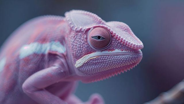 Detailed pink chameleon perching on branch with pastel scales