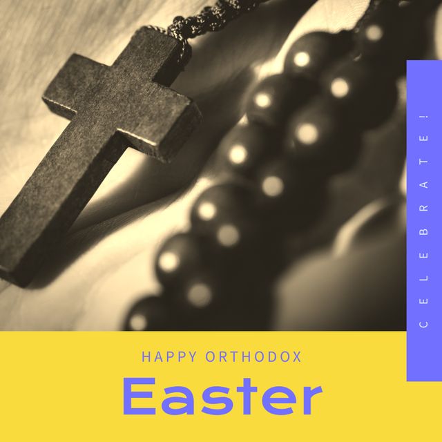 Composite of celebrate happy orthodox easter text and close-up of hand holding rosary beads. Praying, christianity, resurrection, tradition, cultures and holiday concept.