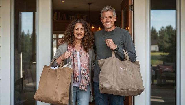 Smiling mature couple carrying canvas tote bags at home entrance casual lifestyle moment