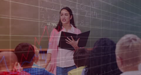 Teacher explaining math concepts in overlay of finance data