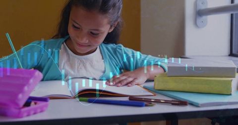 Young Girl Studying at Desk with Stationery and Books