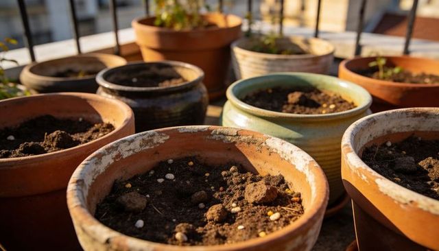 Sunlit terracotta planters filled with soil and granular fertilizer on urban balcony closeup