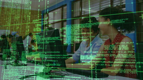 Diverse Students Engaged in Coding with Digital Interface