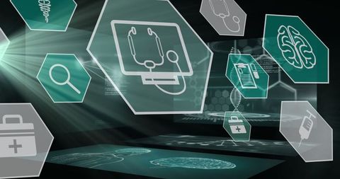 Futuristic Medical Interface with Digital Icons Floating in Space