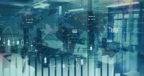 Translucent global data visualization featuring candlestick charts overlaying modern office team