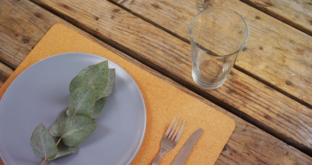 A minimalist table setting features a plate with leaves, a fork, knife, and a glass on a wooden surface, with copy space. It suggests a natural or eco-friendly dining concept, for a sustainable lifestyle theme.