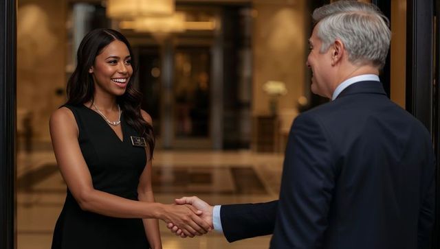 Hotel concierge greeting guest with handshake in elegant marble lobby smiling welcome