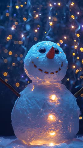 Vertical video featuring glowing snowman, twinkling bokeh lights and warm center glow