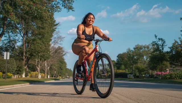 Smiling woman cycling red bicycle on sunny suburban street for active lifestyle