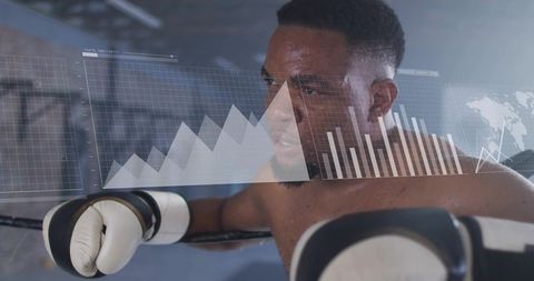 Boxer resting on ring rope with holographic performance analytics and data overlays