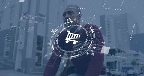 Urban professional exploring ar ecommerce interface with floating shopping cart hud