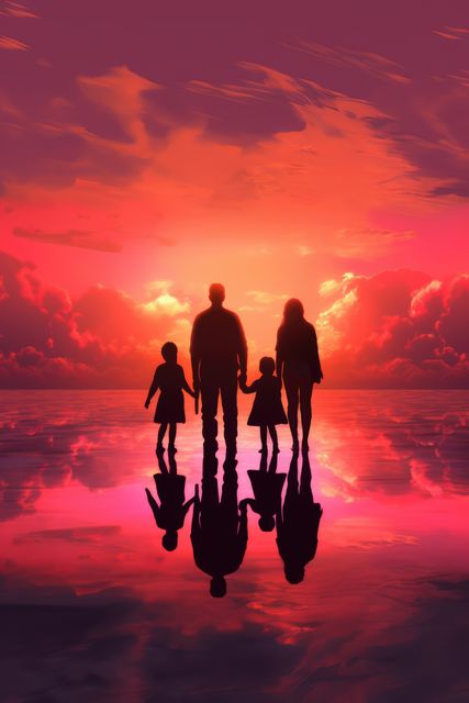 Silhouetted family of four holding hands and admiring a vibrant, cloud-filled sunset with reflections on a water surface. Perfect for themes of family, unity, nature, and peaceful moments. This could be used in print and digital media to evoke a sense of togetherness and beauty in everyday life.