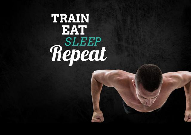 Digital composition of motivational message with healthy man doing push ups against black background
