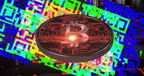 Glowing Bitcoin with Abstract Circuit Board and QR Code
