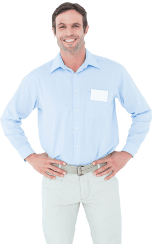 Confident Businessman Smiling with Hands on Hips in Transparent Background
