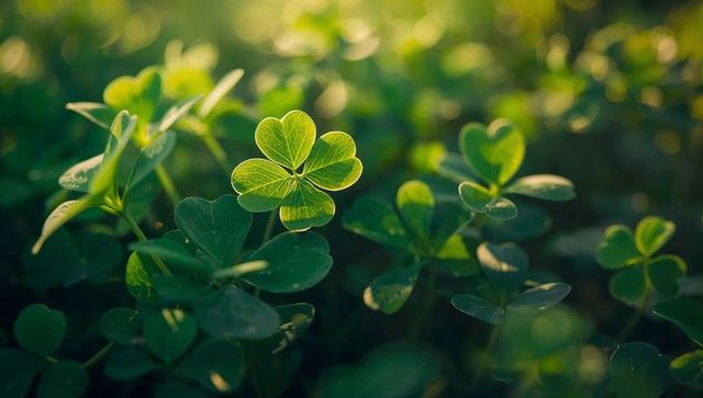 Glowing four-leaf clover in dewy meadow backlit by golden hour sunlight
