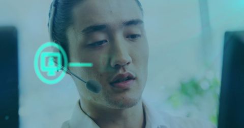 Businessman engaged in digital communication with virtual network icons