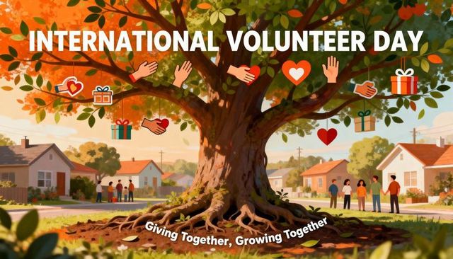 International volunteer day community tree celebration hanging hearts gifts helping hands