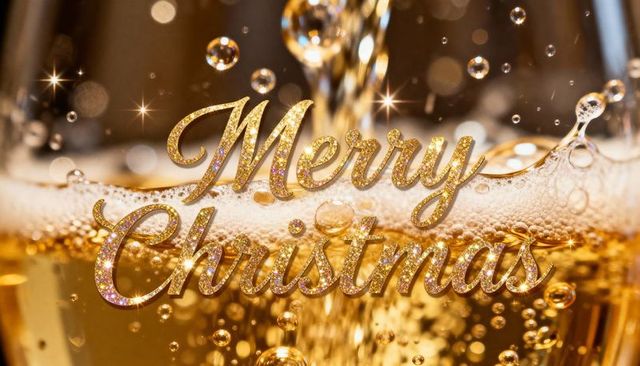Merry Christmas glittering champagne bubbles pouring close-up festive luxury celebration