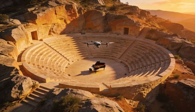 Drone hovering above grand piano in circular stone amphitheater at golden hour sunset