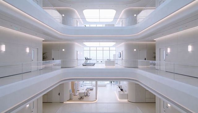 Multilevel atrium featuring skylights, curved glass railings and minimalist wellness lobby
