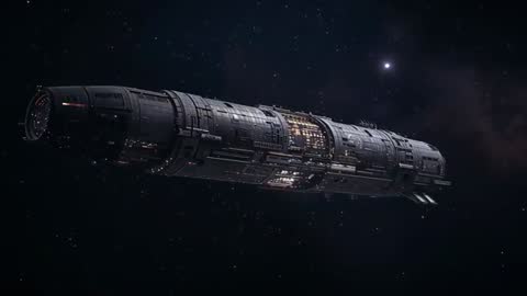 Cylindrical Starship Gliding Through Deep Space Revealing Lit Midbay and Command Module