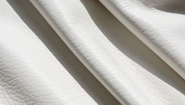 Folded off-white leather swatch showing pebble grain texture and diagonal folds