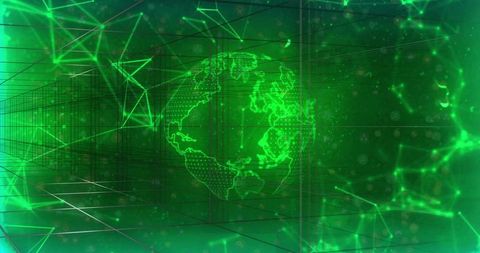 Green holographic globe hovering inside virtual 3D grid corridor with glowing nodes