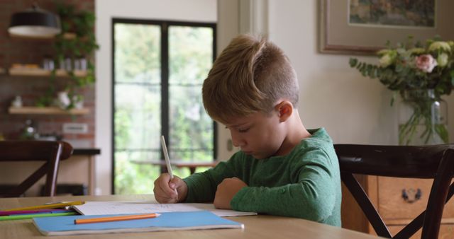 Young boy concentrating on homework at a table in a calm home environment. Perfect for use in educational websites, tutoring advertisements, parenting articles, and any content centered around childhood learning or home education settings.