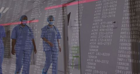 Medical professionals in hospital with digital glitch effect