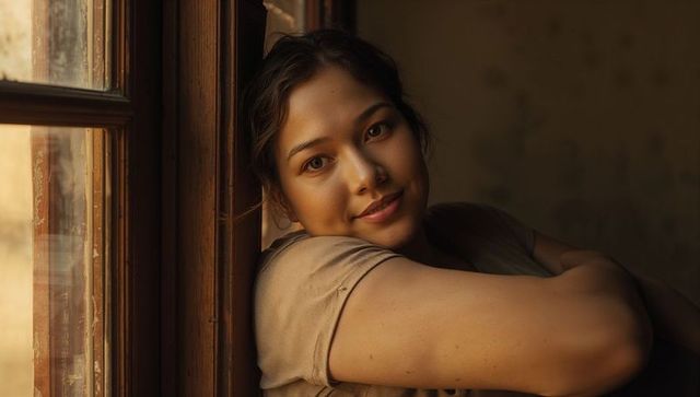 Sunlit woman leaning on wooden window frame, resting and smiling in warm indoor portrait
