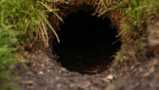 Animal burrow entrance revealing exposed roots and twigs in grassy ground closeup moist earth