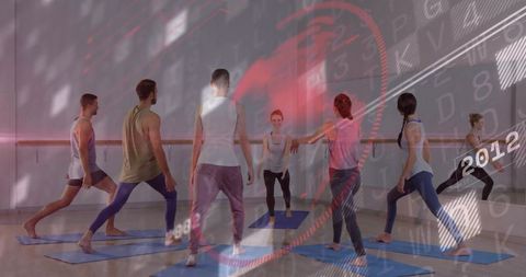 Instructor leading group lunges on blue mats in mirrored studio with futuristic hud overlay