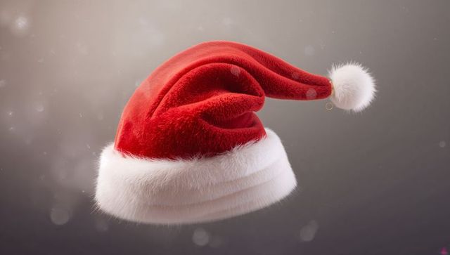 Plush Santa Hat Drooping with Fluffy Pom-Pom and White Fur Trim against Soft Bokeh