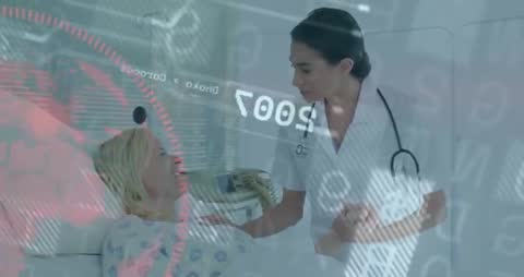 Nurse Comforting Patient with Health Technology Interface Overlay