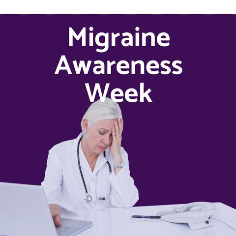 Stressed senior doctor promoting migraine awareness week