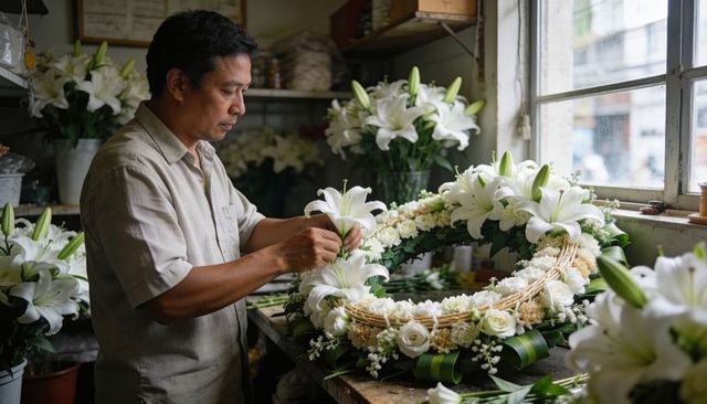Asian florist arranging white lily funeral wreath in workshop by window