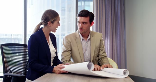 A man and woman sit at an office desk examining a blueprint, discussing ideas for a project. The modern office features glass walls and natural light, highlighting a professional and collaborative atmosphere. This image is ideal for articles, blogs, promotions, or presentations focused on architecture, teamwork, business meetings, and project planning.