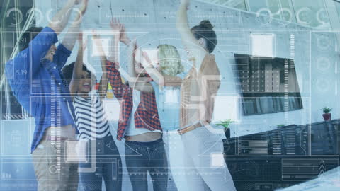 Animated Data Overlay on Team Celebrating in Office