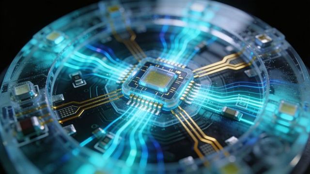 Glowing microprocessor hub radiating cyan traces through clear ring, futuristic circuit