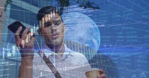 Man in white polo checking fintech charts on smartphone holding coffee at city plaza