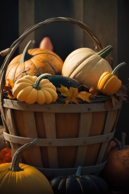 A woven wooden basket filled with an array of pumpkins in different shades and sizes, accompanied by autumn leaves. Ideal for themes related to fall harvest, Thanksgiving decor, and seasonal festive arrangements. Perfect for use in marketing materials, social media posts, and advertisements promoting autumn products and services.