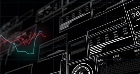 Displaying futuristic data dashboard with neon line charts, metric panels and gauge ui