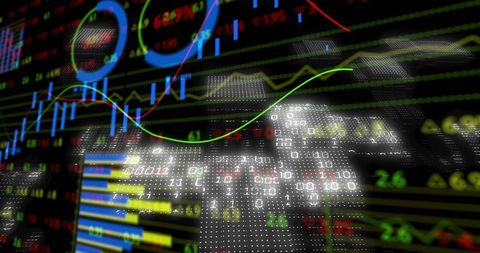 Futuristic trading dashboard displaying candlestick charts, neon line graphs and binary overlay