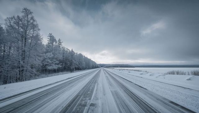 Endless snow-covered highway running to horizon through frosted forest and frozen plain