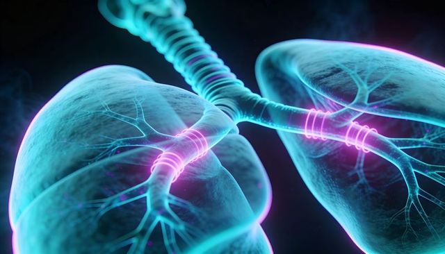 Neon Translucent Lungs with Glowing Trachea and Bronchi 3D Medical Visualization AI