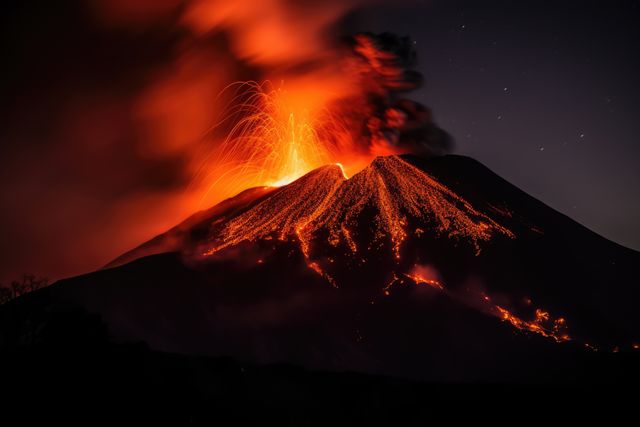 A mesmerizing scene capturing an active volcano erupting at night with molten lava flowing down its slopes and ash clouds rising into the dark sky. This powerful visual can be used in educational materials, disaster awareness campaigns, geological studies, and storytelling about the forces of nature.